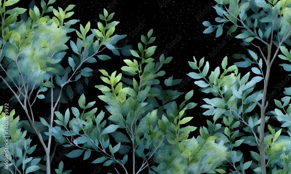 Obraz premium tree with leaves nighttime seamless watercolor, Generative AI