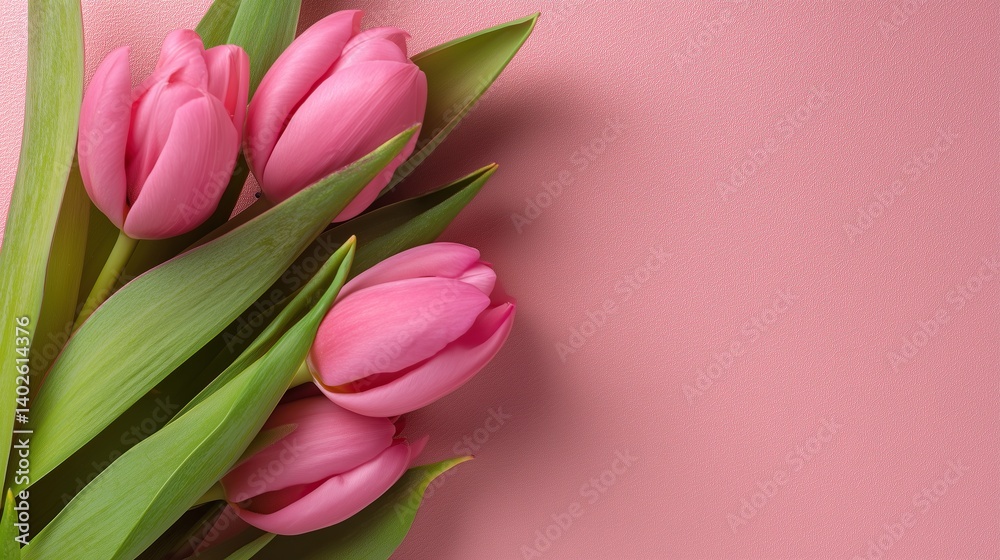 Elegant pink tulips arranged against matching backdrop evoking feelings of springtime freshness Elegant pink tulips arranged against matching backdrop evoking feelings of springtime freshness