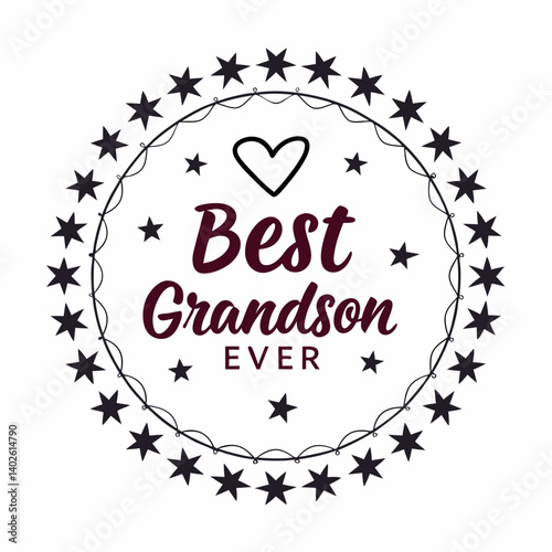 Best Grandson Ever Badge - Decorative Circular Design with Stars Heart and Maroon Text - Vintage Style Gift for Grandson or Grandchild Award - Black Outline Star Border Design