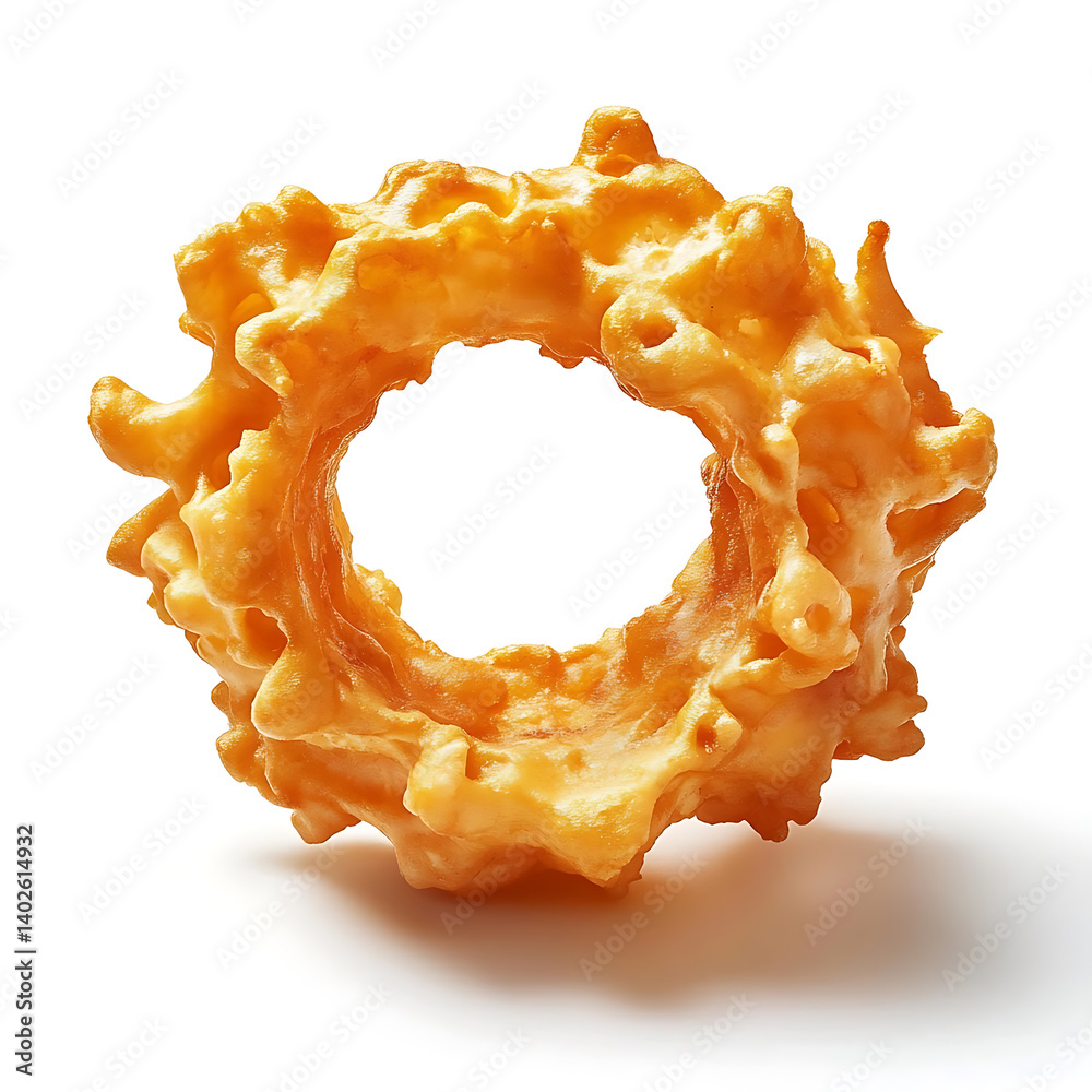 Fototapeta premium A golden crispy fried calamari ring with a light, crunchy batter, tender calamari inside