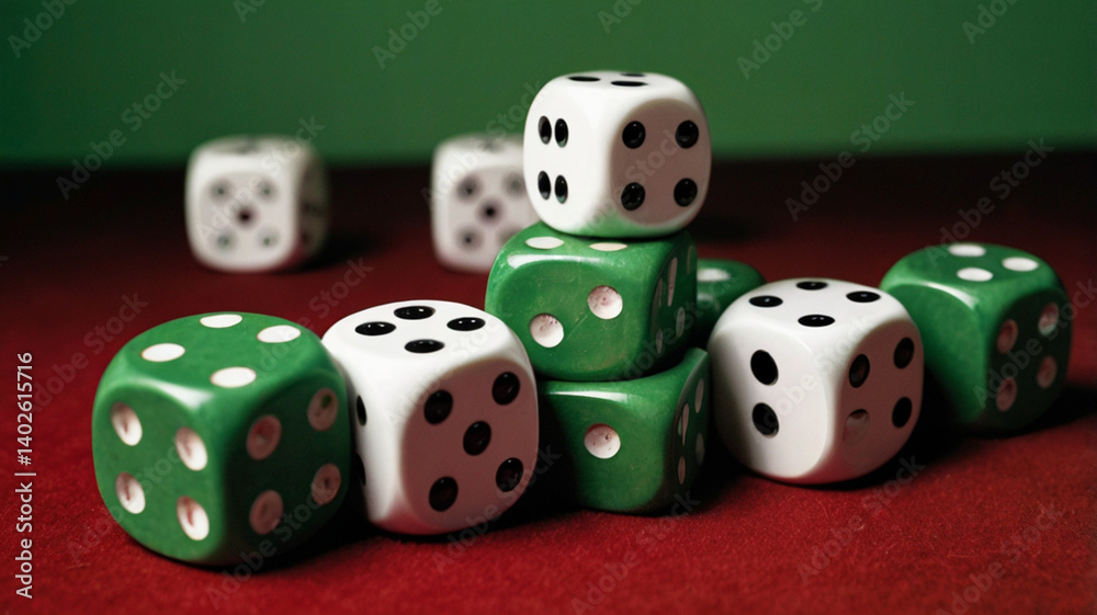 Two dice on a green background representing chance, luck, and gambling in a game setting Two dice on a green background representing chance, luck, and gambling in a game setting