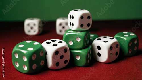 Two dice on a green background representing chance, luck, and gambling in a game setting photo