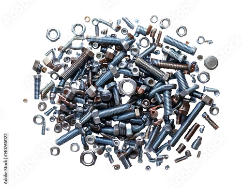 A captivating overhead shot of assorted bolts and nuts scattered on a pristine white background.