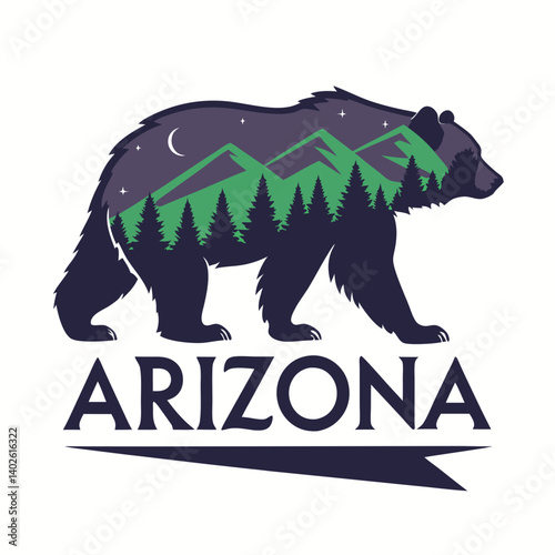 Arizona Bear Silhouette Mountain Forest Night Moon Vector Art