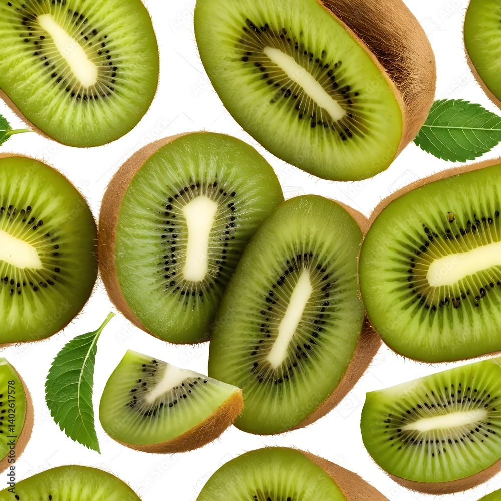 Fototapeta premium Juicy Kiwi Fruit Slices Falling on White Background
