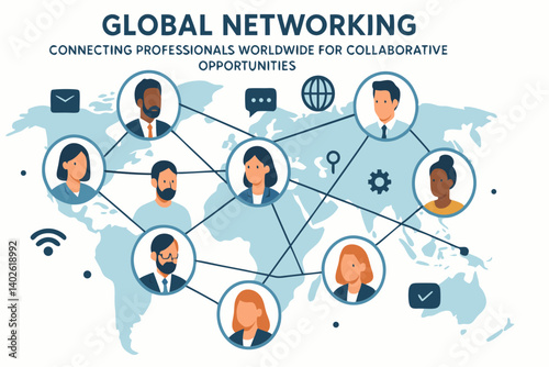 Global Business Networking Illustration with Diverse Professionals Connected Worldwide on Blue World Map Background, International Collaboration and Communication Concept for Digital Marketing