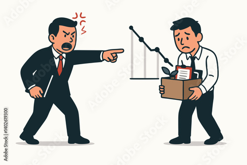 Angry Boss Firing Sad Employee Vector Illustration, Workplace Conflict with Declining Performance Graph, Office Layoff Scene, Corporate Downsizing, Professional Dismissal, Business Crisis Concept