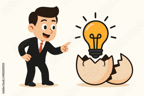 Innovative Business Concept Vector Illustration with Cartoon Businessman Discovering Bright Idea Lightbulb Hatching from Eggshell, Creative Inspiration Metaphor for Entrepreneurship and Innovation