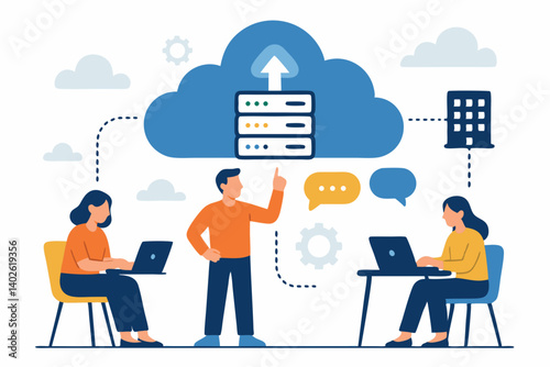 Modern Cloud Computing Collaboration Vector Illustration with Business Team Working Together on Digital Platform, Data Storage Technology, Remote Work Concept for Corporate Communication Solutions