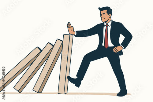 Confident Businessman Stopping Domino Effect Vector Illustration, Crisis Management Leadership Concept, Business Risk Prevention Strategy, Corporate Problem Solving Metaphor, Professional Control