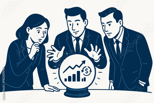 Futuristic Business Analytics: Corporate Team Analyzing Financial Growth Projection in Crystal Ball, Vector Illustration for Market Forecasting and Investment Strategy