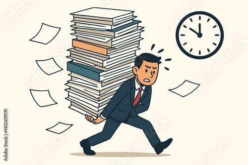 Stressed Businessman Carrying Heavy Stack of Documents with Falling Papers and Clock Showing Deadline, Vector Illustration of Overworked Office Employee Struggling with Workload and Time Management