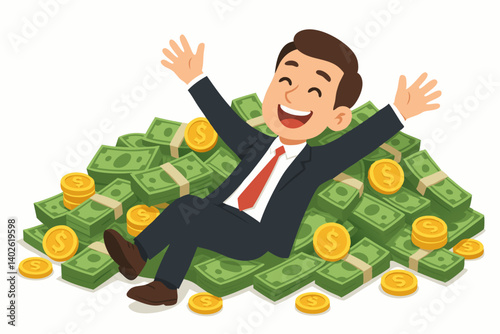 Joyful Businessman Relaxing on Pile of Money and Gold Coins, Financial Success Concept, Wealth Achievement Illustration, Happy Entrepreneur Celebrating Profit, Business Victory Vector Graphic