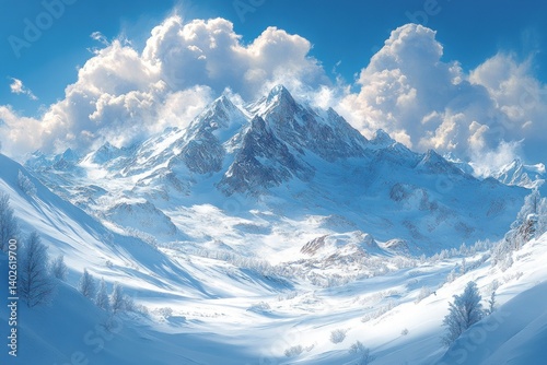 Snowy Mountain Ski Resort in the French Alps Scenic Landscape