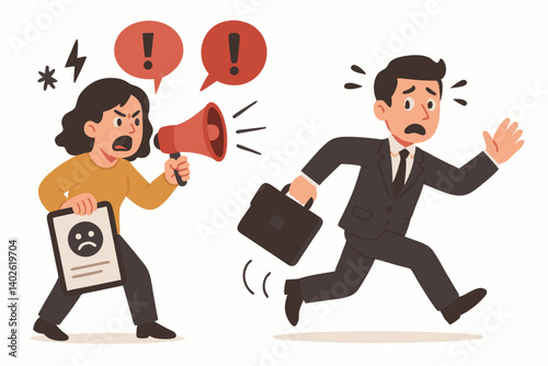 Angry Customer with Megaphone Shouting at Frightened Businessman Vector Illustration, Negative Feedback Concept, Client Complaint Cartoon, Customer Dissatisfaction Symbol for Business Communication