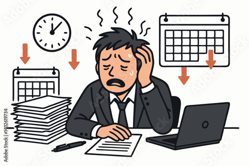 Stressed Businessman Overwhelmed with Work Deadlines and Time Pressure Vector Illustration, Office Worker Burnout Syndrome, Corporate Employee Exhaustion, Professional Fatigue Mental Health Concept