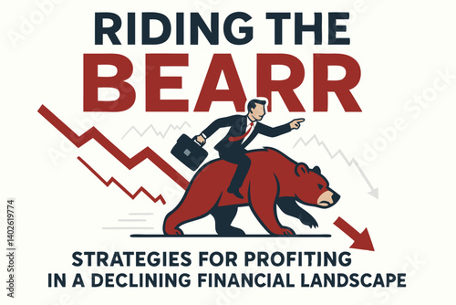 Bear Market Investment Vector Illustration with Businessman Riding Red Bear During Financial Downturn, Stock Market Crash Concept Art for Finance Presentations, Economic Crisis Infographics