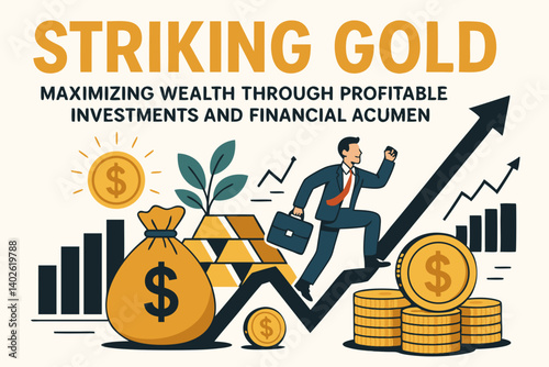 Financial Success Vector Illustration with Businessman Climbing Growth Chart, Gold Bars, Money Bag and Dollar Coins, Investment Strategy Concept for Wealth Building and Profit Maximization