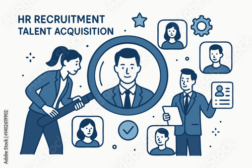 Professional HR Recruitment and Talent Acquisition Vector Illustration with Business People, Candidate Selection Process, Job Interview, Resume Review, and Corporate Hiring in Modern Blue Style