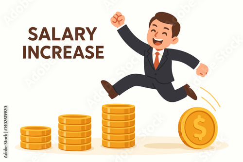 Joyful Businessman Jumping Over Growing Coin Stacks Celebrating Salary Increase Vector Illustration for Financial Success, Career Growth, Income Boost and Professional Achievement