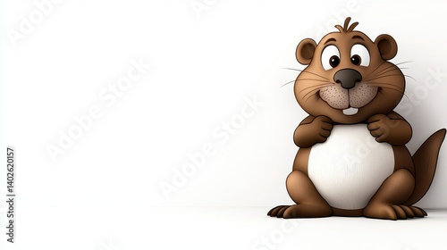 A cheerful cartoon beaver sits against a plain white background perfect for children's books illustrations websites or greeting cards designs.