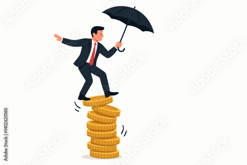Businessman Balancing on Gold Coin Stack with Umbrella, Financial Risk Management Concept, Economic Stability Metaphor, Investment Protection Illustration, Money Balance Vector Art
