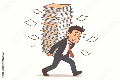Stressed Businessman Carrying Huge Stack of Paperwork Vector Illustration, Office Worker Overwhelmed with Workload, Corporate Burnout Concept, Deadline Pressure, Work-Life Balance Struggle