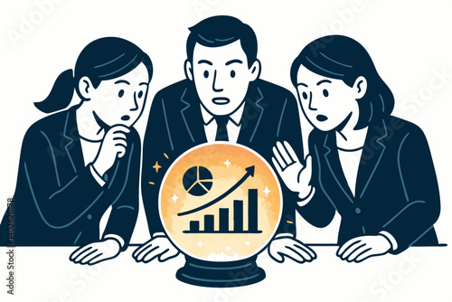Business Team Analyzing Financial Growth Forecast with Crystal Ball, Corporate Finance Prediction Concept, Professional Market Trend Analysis, Investment Strategy Planning Illustration