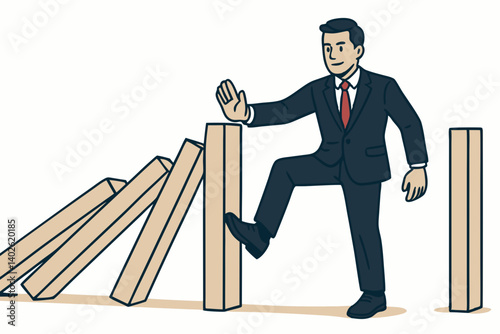 Business Crisis Management Vector Illustration: Confident Professional in Dark Suit Stopping Domino Effect, Leadership Metaphor for Problem Prevention and Strategic Risk Management