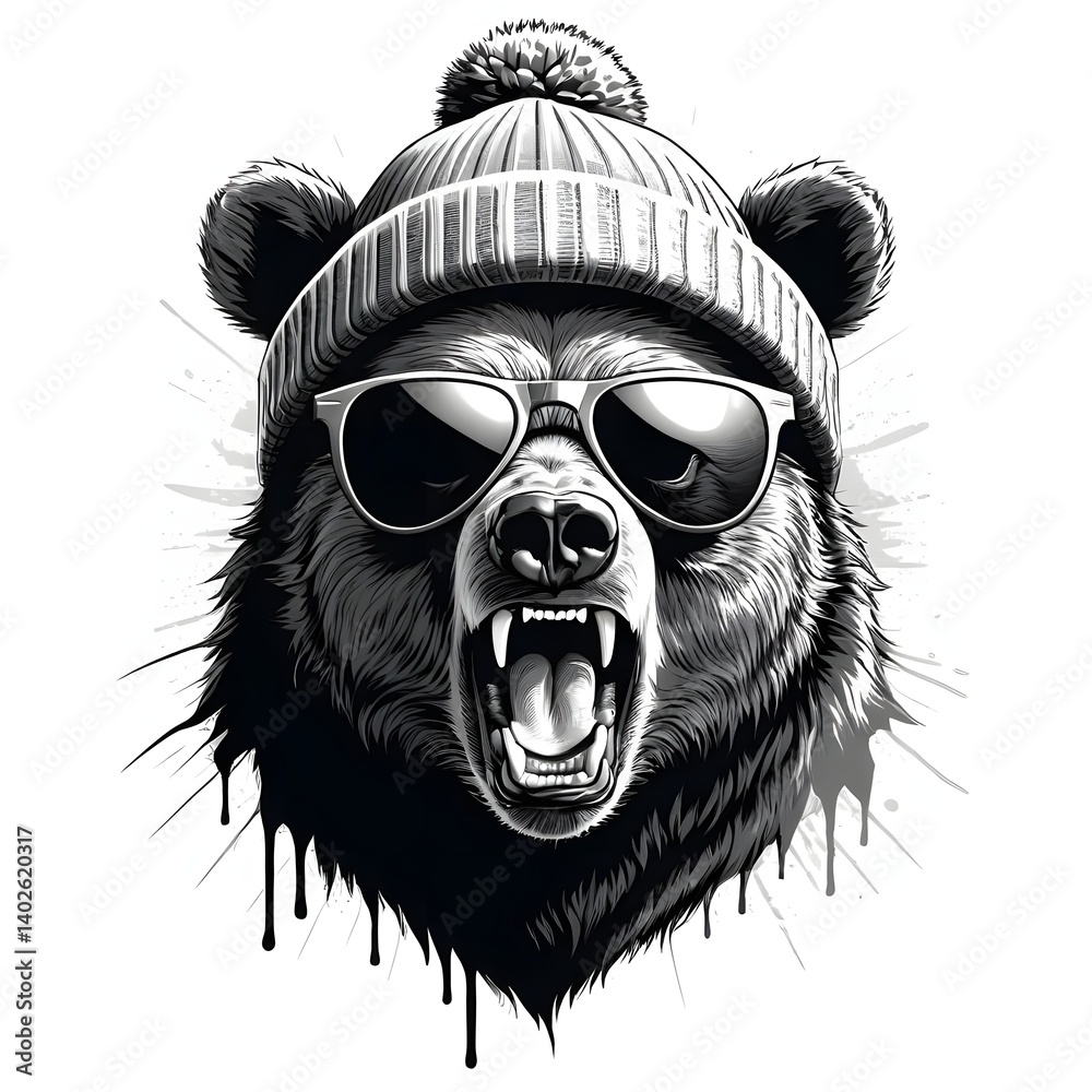 Obraz premium Grumpy Bear in Winter Hat and Sunglasses