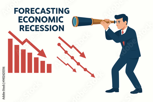 Economic Recession Forecast: Businessman with Telescope Observing Declining Charts, Financial Crisis Prediction Vector Illustration for Business Analysis