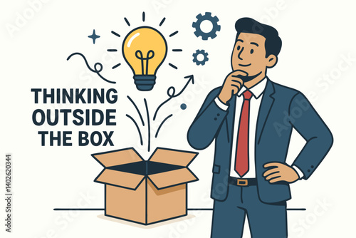 Innovative Business Concept Vector Illustration with Businessman Thinking Outside the Box, Creative Problem Solving Metaphor with Lightbulb, Gears and Open Cardboard Box for Corporate Strategy
