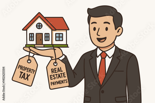 Smiling Real Estate Agent Holding House Model with Property Tax and Payment Tags Vector Illustration for Financial Planning, Mortgage Consulting, and Homeownership Cost Visualization