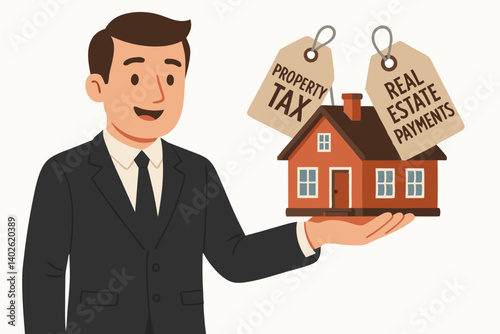 Real Estate Professional Holding House Model with Property Tax and Payment Tags, Vector Illustration for Financial Advisors, Realtors, and Homeownership Concepts
