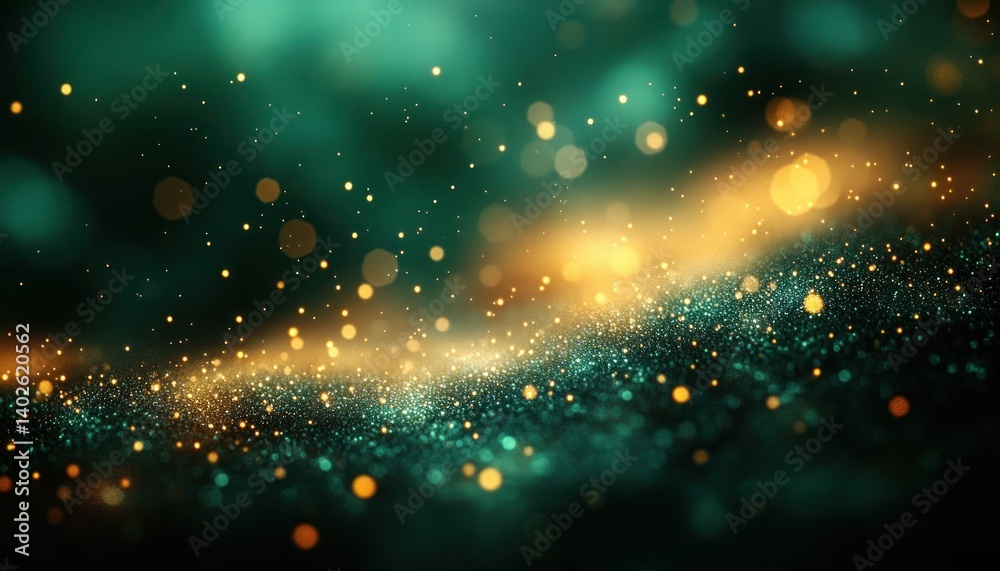 Fototapeta premium Abstract Impressionist Glowing Green Bokeh Lights on Dark Teal Background Ethereal Art