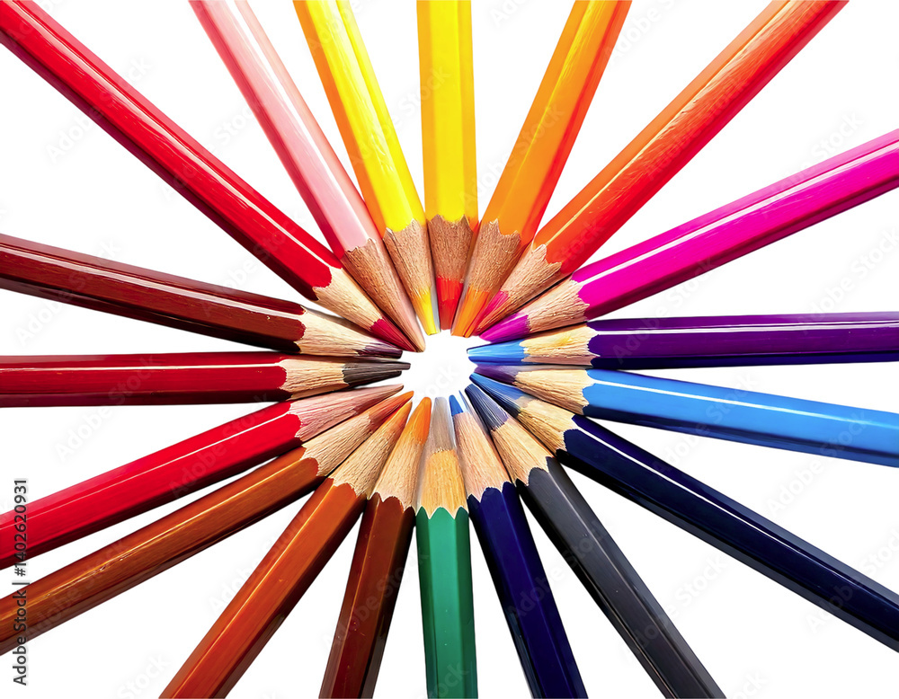 Vibrant colored pencils arranged in a radiant circle against a white background. This image symbolizes creativity, diversity, and the boundless potential of artistic expression. Vibrant colored pencils arranged in a radiant circle against a white background. This image symbolizes creativity, diversity, and the boundless potential of artistic expression.