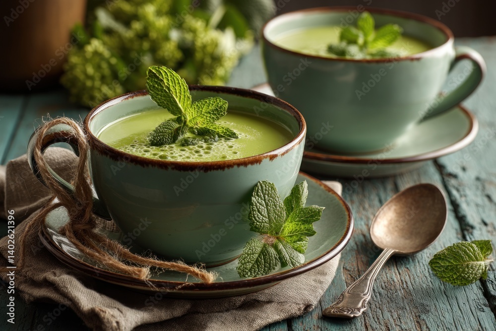 Fresh cold pea soup with mint served in a green bowl on an outdoor table during spring, surrounded by soft blue light