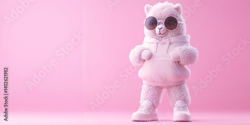 Cool Bear Wearing Sunglasses and White Hoodie on Pink Background

