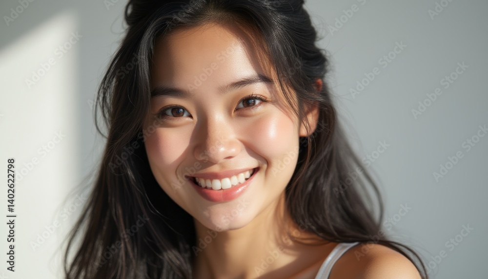 A cheerful young woman with long, flowing hair beams with a radiant smile, illuminated by gentle natural light. Her glowing complexion and joyful expression create an inviting atmosphere, perfect for A cheerful young woman with long, flowing hair beams with a radiant smile, illuminated by gentle natural light. Her glowing complexion and joyful expression create an inviting atmosphere, perfect for