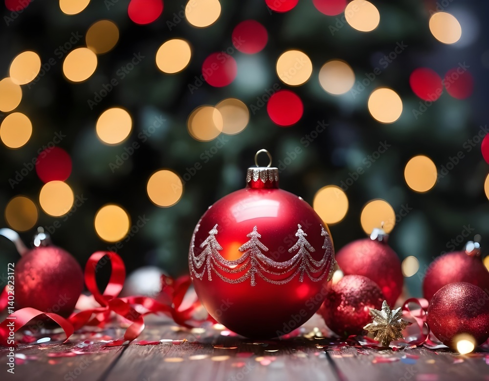 Red Christmas Ornament with Bokeh Lights Red Christmas Ornament with Bokeh Lights