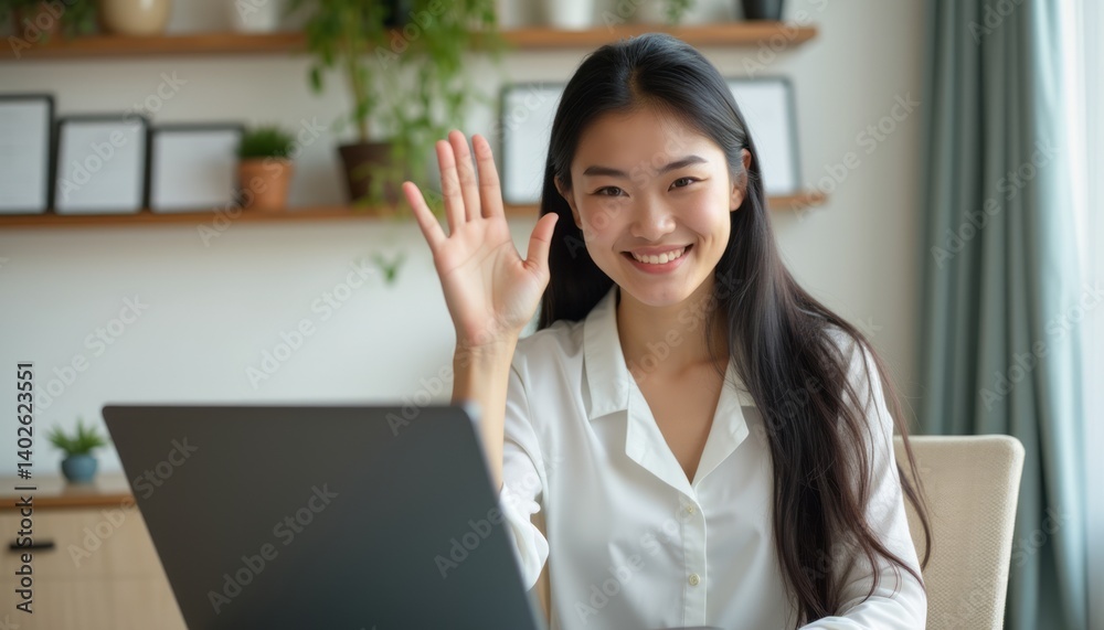 A bright and inviting home office scene features a smiling young Asian woman waving enthusiastically at her laptop. Her warm expression and the cozy background filled with plants create a friendly A bright and inviting home office scene features a smiling young Asian woman waving enthusiastically at her laptop. Her warm expression and the cozy background filled with plants create a friendly