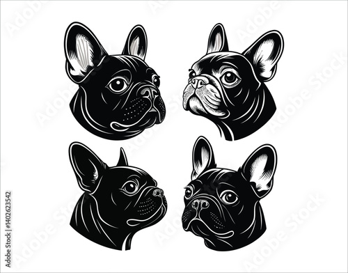 Frenchie Dog Head Black Vector Silhouette
