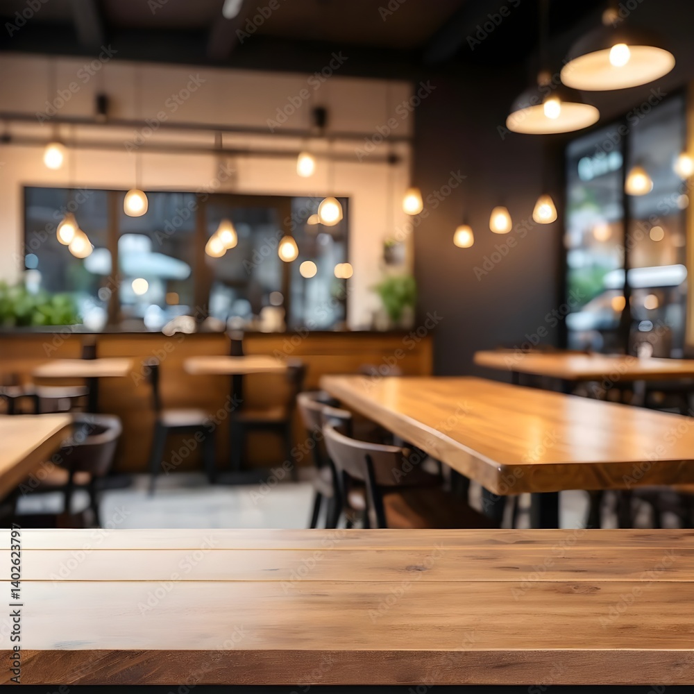 Empty Wooden Table in Blurred Trendy Cafe Background Empty Wooden Table in Blurred Trendy Cafe Background