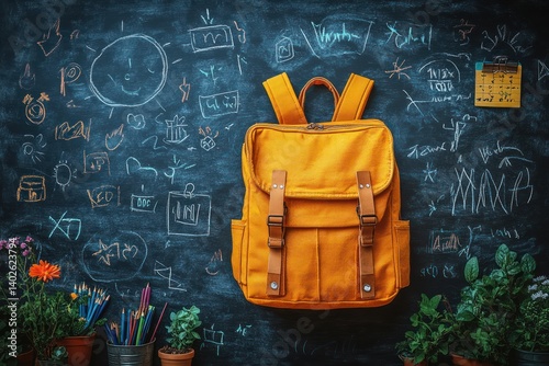 Back to School Yellow Backpack Educational Poster with Chalkboard Doodles for Online Learning