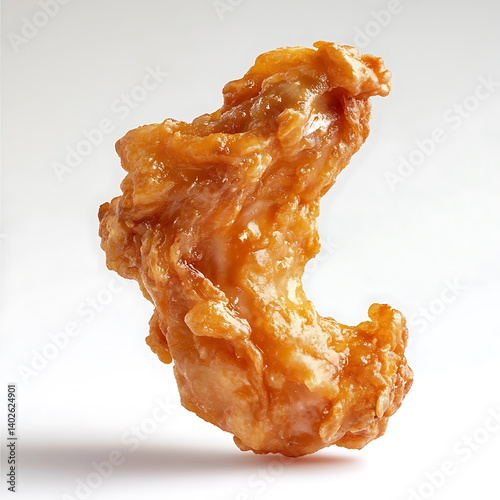 A golden crispy fried chicken wing with a crunchy batter, juicy chicken interior, and slightly curled edges