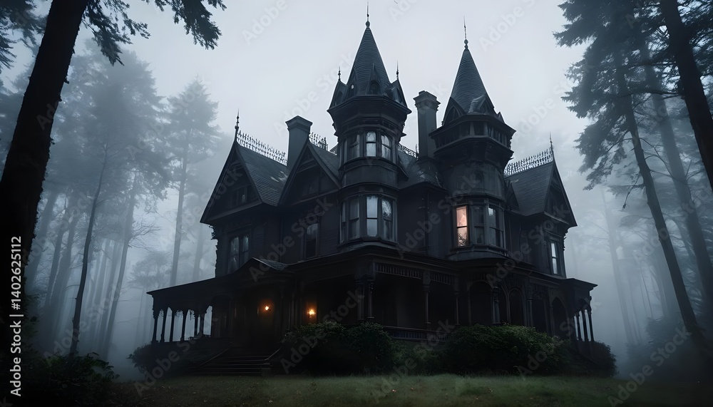 Mysterious Victorian Mansion in Foggy Forest Mysterious Victorian Mansion in Foggy Forest