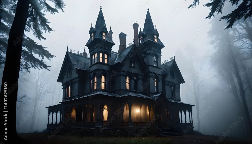 Mysterious Victorian Mansion in Fog Mysterious Victorian Mansion in Fog