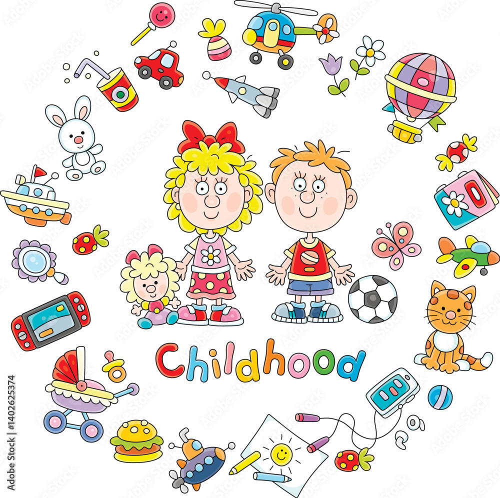 Happy little boy and girl surrounded by their funny colorful toys for games at kindergarten and home, vector cartoon illustration on a white background Happy little boy and girl surrounded by their funny colorful toys for games at kindergarten and home, vector cartoon illustration on a white background