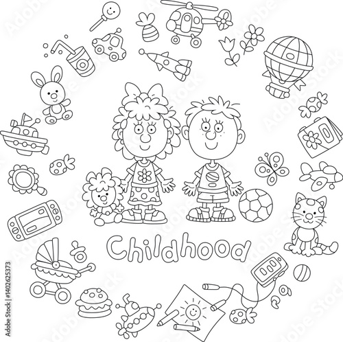 Happy little boy and girl surrounded by their funny toys for games at kindergarten and home, black and white outlined vector illustrations for a coloring book