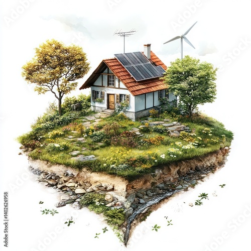 Eco friendly floating island home equipped with solar panels and wind turbine surrounded by an idyllic natural landscape of lush foliage flowers and a tranquil pond or stream